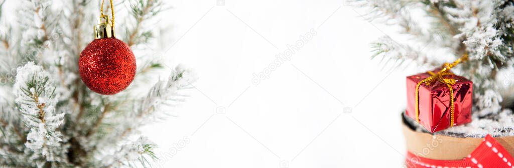 Christmas tree decoration. Merry Christmas horizontal banner. Small tree isolated on white background.