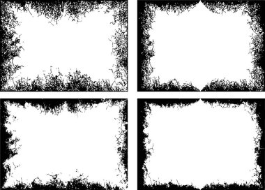 Grunge çerçeve koleksiyonu, Dört Sıkıntılı Grunge Sınır ve Çerçeve Kümesi, vektör dokusu ve boya sınır tasarımı içeren siyah ve beyaz grunge çerçeveler kümesi