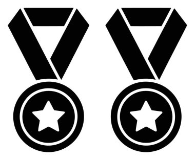 Two identical black medal icons are displayed, each featuring a star emblem at the center of the circular medal and a ribbon for hanging. Isolated on white background.