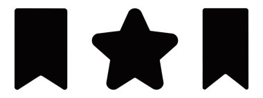 Illustration showing black star and ribbon bookmark icons. Minimalist, line art illustration for use in web and graphic design, white background. Vector graphic design element.