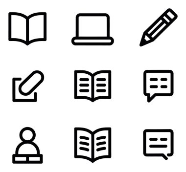 This set of minimalist vector icons depicts concepts related to education and learning, including books, a laptop, a pencil, chat bubbles, and user icon on white background.