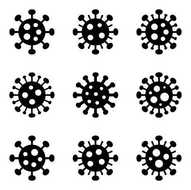 Black vector icons illustrate nine variations of the coronavirus, displayed on a clean white background. Suitable for medical content, educational materials, or design projects.