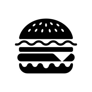 This is a vector icon of a black and white burger with seeded bun, patty, lettuce, cheese, and tomato. It is isolated on a white background.
