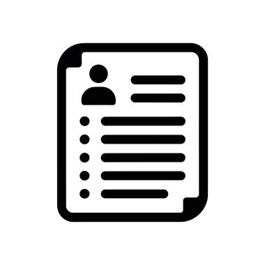 Black vector icon illustration on white background. Sign symbolizes user data, information, work experience, contacts, job, profile, and professional application.