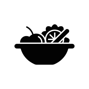 Graphic of a bowl filled with fruit and garnishes. The bowl has two cherries, slice of orange and garnish sticks. Icon with white background.