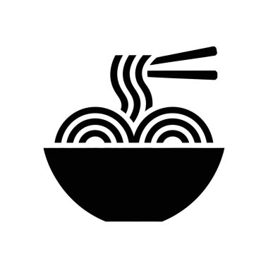 Isolated vector icon on a white background showcases noodles in a bowl, paired with chopsticks. Minimalist design for food illustrations and related digital content.