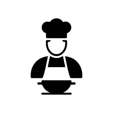 Vector image shows a chef icon in black and white. The chef is wearing an apron and a chef's hat while holding a bowl. Clean and simple design.