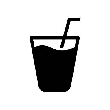 Depicts a black and white vector icon of a liquid drink in a cup or glass, complemented by a straw for easy consumption. White background, clean design.
