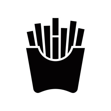 This is a black vector icon showing a box filled with freshly cut french fries, set against a clean white background. Perfect for menus or online food delivery apps.