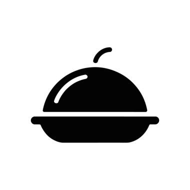 Depicts a black vector icon on a white background, showcasing a covered serving dish or platter, ideal for representing restaurant service and cuisine.