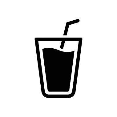 Isolated graphic depicts a black silhouette of a drink in a cup with a straw on a white background, perfect for logos or design accents.