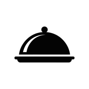 Elegant, minimalist vector icon depicting a closed food cloche in solid black against a stark white background, suitable for menu design or restaurant branding.