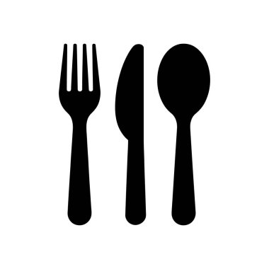 Simple vector icon showing common cutlery a fork, knife, and spoon. These essential dining tools are depicted in black against a clean white background.
