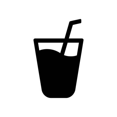 This icon depicts a glass, nearly full with liquid, accompanied by a straw inside. The graphic is simple, minimalist, and uses solid black color on a white backdrop.