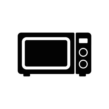 This is a black and white vector icon depicting a microwave. The design features a simple and clear microwave shape with buttons on a white background.