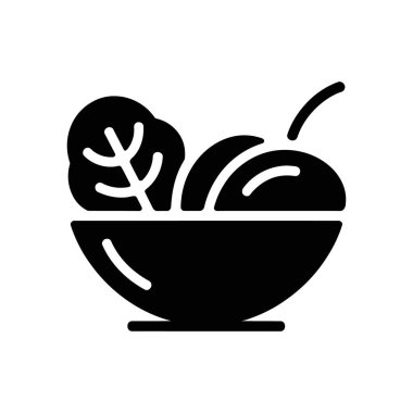 Silhouette vector icon features a bowl filled with salad leaves and a cherry with stem. This minimal design is great for food and healthy eating content.