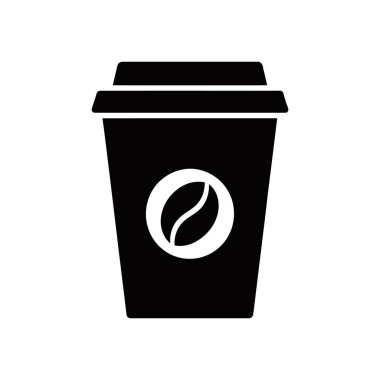 Simple black and white vector icon displaying a classic takeout coffee cup, clearly marked with an embedded coffee bean symbol. Great for menus and websites.