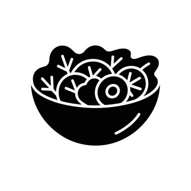 Isolated glyph illustration shows lettuce and sliced vegetables in a bowl. Concept of healthy balanced vegetarian food or diet with white background.