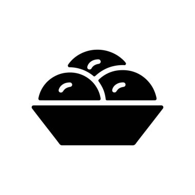 Illustration depicts a black bowl filled with three scoops of ice cream; a simple dessert icon ideal for menus and graphical user interfaces, on a clean white backdrop.