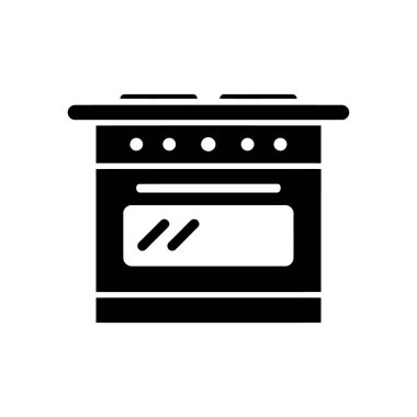 Illustrative vector icon in solid black and white showing a kitchen stove with oven, stovetop burners, and a glass door. Ideal for appliance design use.