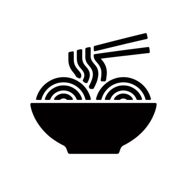 Vector icon shows noodles in a bowl with chopsticks presented in black on a clear white backdrop, ideal for culinary or restaurant themed designs.