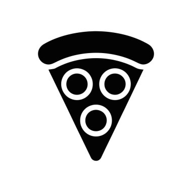Simple, clean vector icon of a single pizza slice with three circular toppings, set against a stark white background, ideal for use in various digital projects.