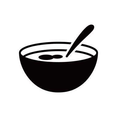 Silhouette image features a black vector icon of a soup bowl with a spoon on a plain white background. Design is minimalist, perfect for icons or graphic elements.
