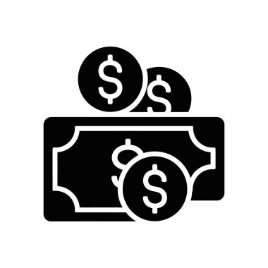 Vector icon features a black and white design showcasing paper money and three dollar coins; simple design ideal for illustrations on white background.
