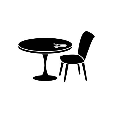 This black and white vector icon displays a simple dining scene. It features a round table with a fork and knife, accompanied by a chair, all rendered in stark contrast.