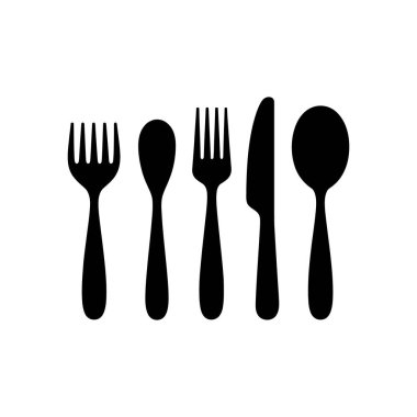 Silhouette vector icons show a knife, two forks, and two spoons arranged in a row against a white background; simple, modern, minimalist dinnerware illustration.