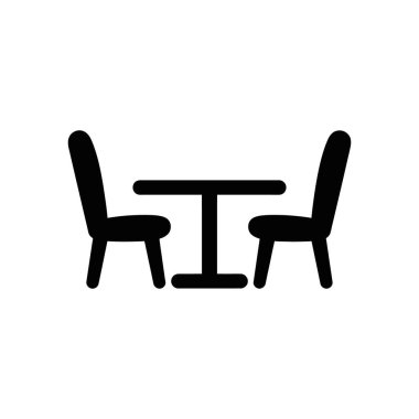 This black and white vector graphic illustrates a simplistic dining table with two chairs, ideal for use in minimalistic design or website elements.