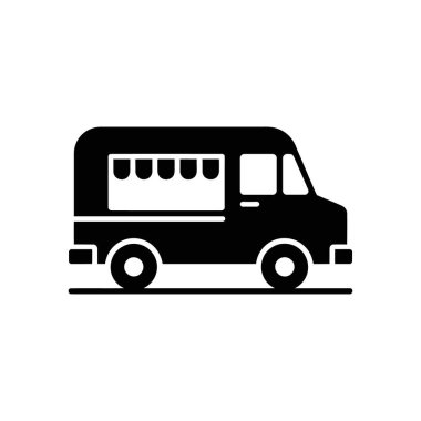 Isolated vector icon depicts a black food truck with rounded details on a white background. Simple, clean design ideal for various creative projects requiring a food truck illustration.