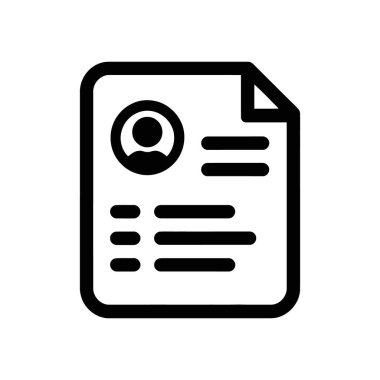 Clean, high-resolution black and white resume icon vector featuring a profile image, skill bars, and job application data on a white background for professional use.