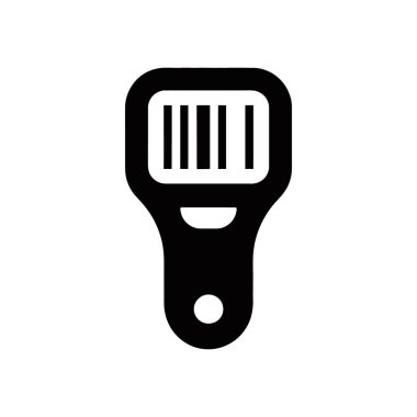 Isolated black vector icon of a barcode scanner with a handle and white background. Ideal for web design, user interfaces, and retail inventory concepts.
