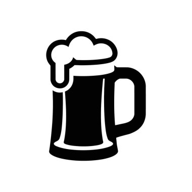 Isolated black vector drawing of a beer mug with frothy head on white backdrop. Classic beer glass for pubs and vector design uses.