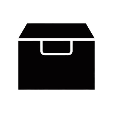 Minimalist black vector icon featuring a box with a handle, set against a clean white background, ideal for use in graphic design projects and applications.
