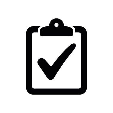 Concise vector icon illustrating a black clipboard displaying a checkmark, isolated on a clean white background. Essential for conveying task completion or confirmation in web and graphic design.