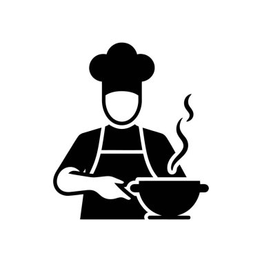 Isolated vector icon shows a chef wearing a hat and apron, stirring a pot with rising steam, ideal for representing cooking and gastronomy themes.