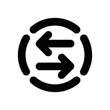 Vector icon shows two horizontal arrows facing opposite directions inside a black circle, isolated on a white background. Concept image for exchange, transfer, return.