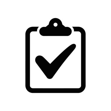 This image features a black, filled vector icon of a clipboard displaying a check mark, indicating task completion, set against a clean, white backdrop.