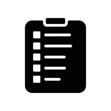 Illustrates a solid black vector icon of a clipboard featuring checkboxes on the left and horizontal lines indicating text areas, isolated against a white background.