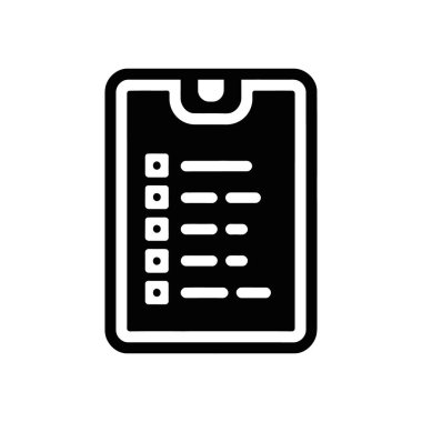 A minimalist vector icon showcases a black clipboard with a checklist, on a clean white backdrop. Ideal for designs needing a straightforward task management illustration.