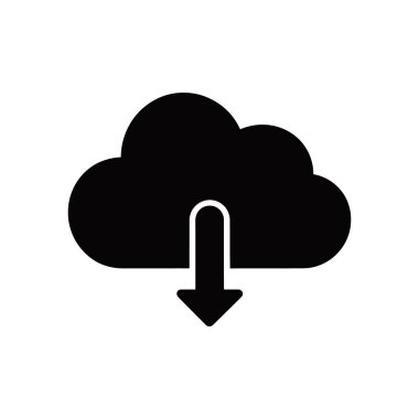 Black solid cloud with a downward-pointing arrow icon, isolated against a plain white background. Demonstrates cloud computing and downloading processes in vector format.