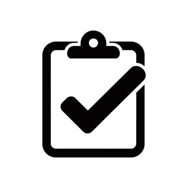 A clear vector icon showcasing a black clipboard with a check mark, indicating successful completion. The simple design is isolated on a white background, clean and effective.