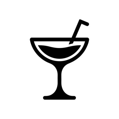 Vector illustration of a black cocktail icon on a white background. Features a drink in a stemmed glass, complete with a straw. Simple, clean design for various uses.