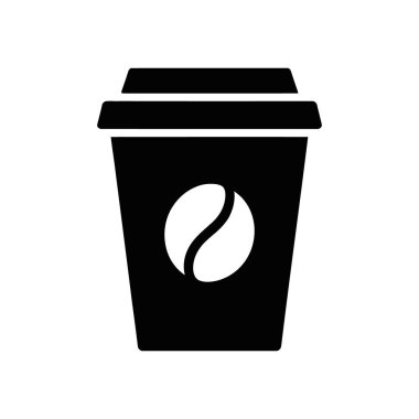 A minimalist black vector icon depicts a coffee cup. The cup prominently features a coffee bean symbol, all set against a clean white background.