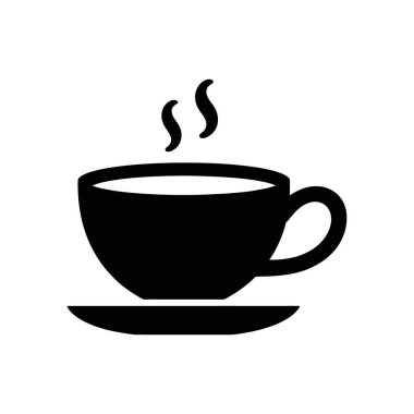 Minimalist vector icon depicting a black coffee cup on a saucer with steam rising, set against a clean white backdrop; perfect for websites or print.