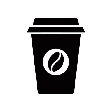 Isolated black coffee cup vector icon featuring a simple silhouette design and a coffee bean accent, perfect for web design, apps, and print materials.