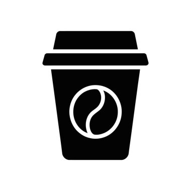 Depicts a black silhouette of a coffee cup with a lid, showing a coffee bean symbol on the cup's body, all isolated against a clean white background.