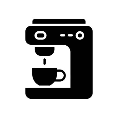 Isolated vector icon on a white background showing a sleek, black coffee machine in the process of dispensing coffee into a cup. Modern and minimalist design.